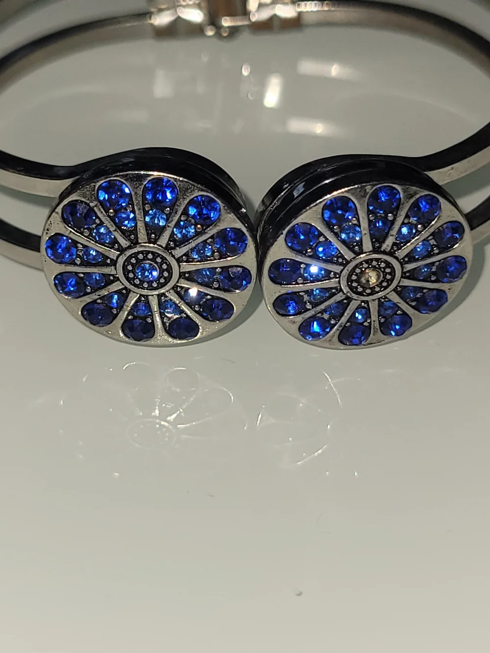 Silver Tone Blue Crystal Double Band Hinged Cuff Bracelet 6.5